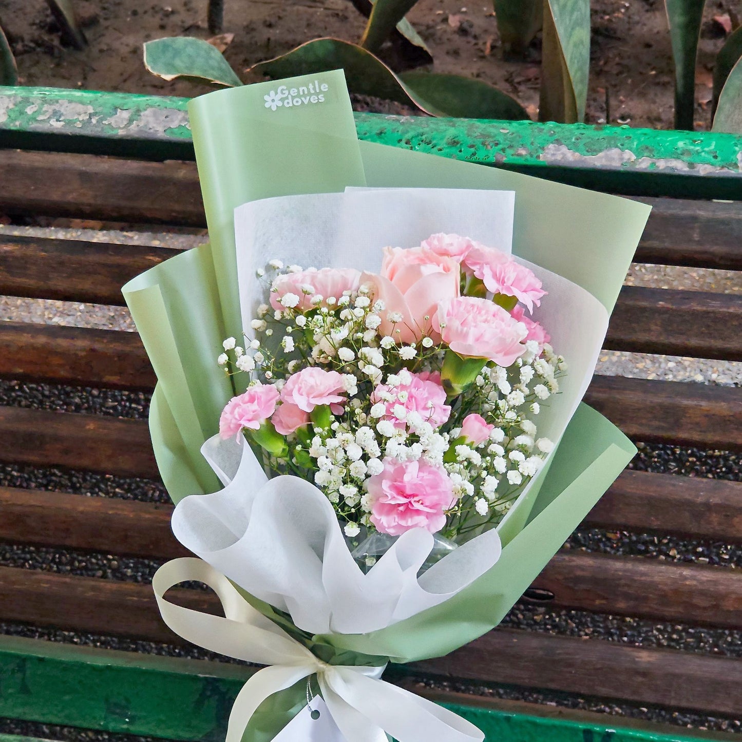 Single Soft Pink Rose with Soft Pink Carnations and Gypsophila Mini Bouquet