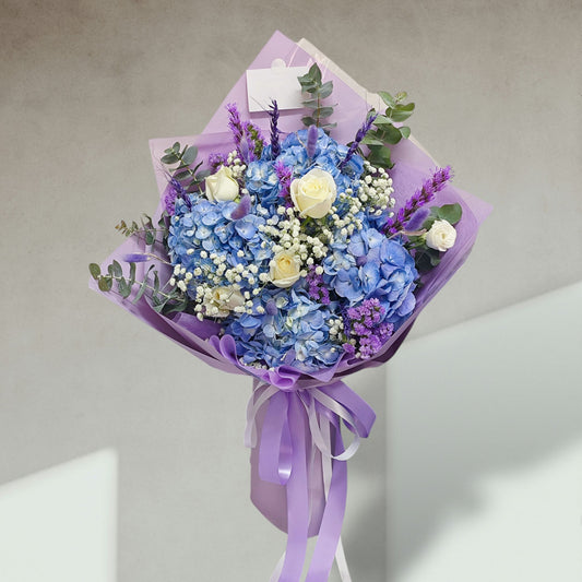 Blue Hydrangeas with Purple and White Flowers in Purple Paper Large Bouquet