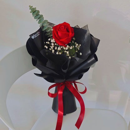Single Red Rose with Gypsophila and Eucalyptus in Black Paper Bouquet