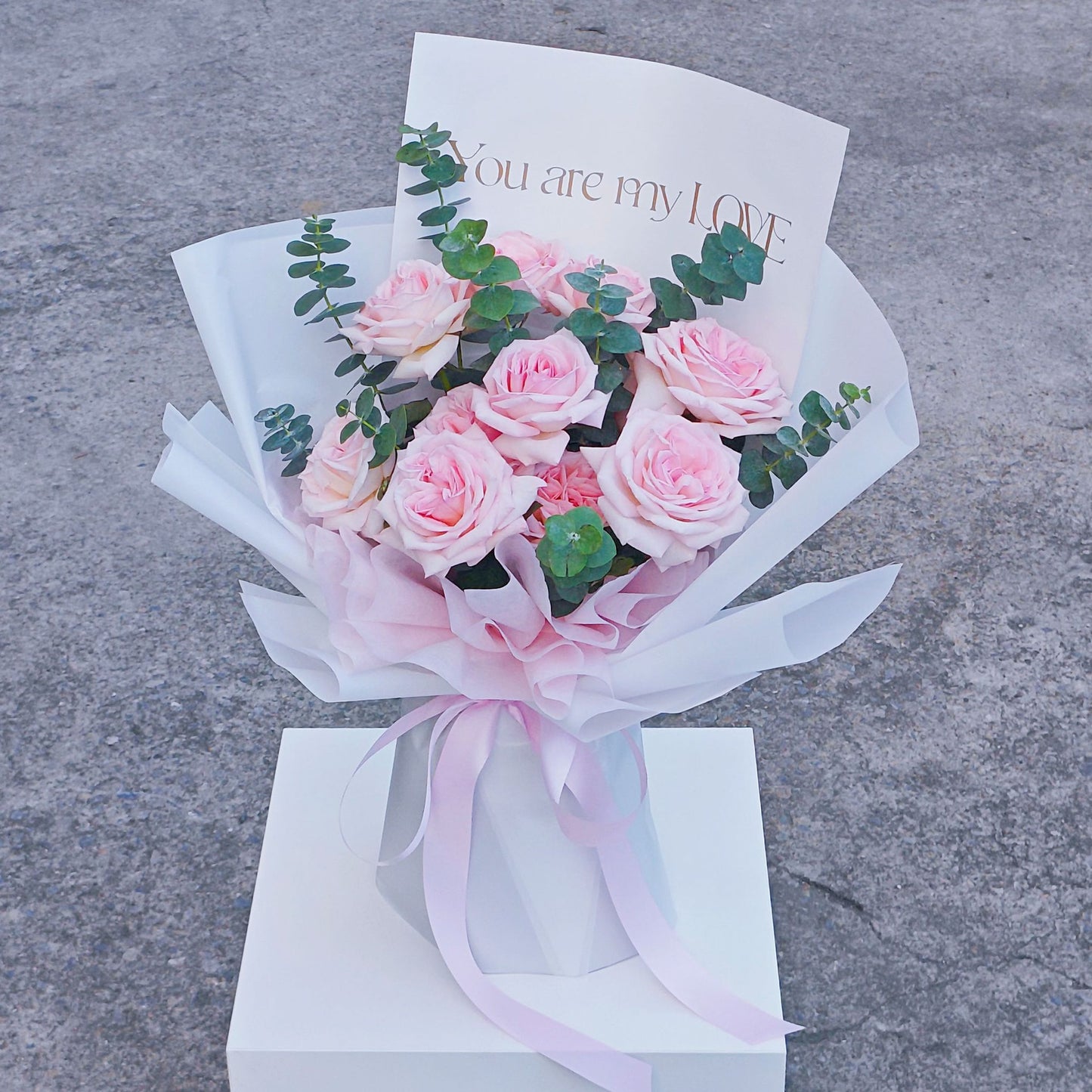 Twelve Sof Pink English Roses with Eucalpytus "You are my Love" Bouquet