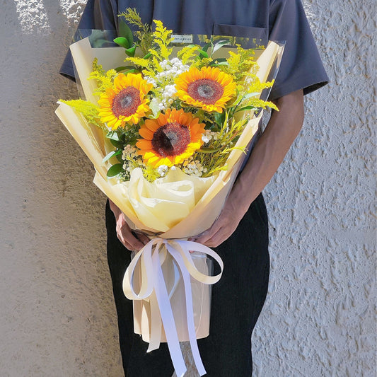 Three Sunflowers and Warm-Yellow Flowers Extra Large Bouquet