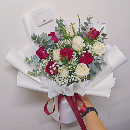 Twelve Red and White Roses with Green and White Foliage Bouquet