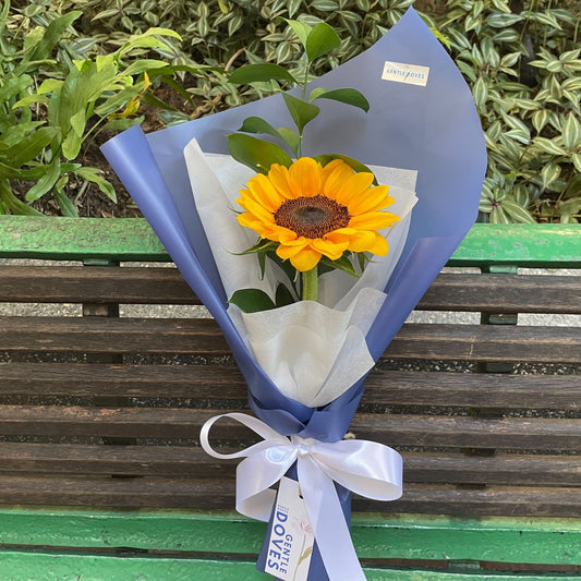 Single Sunflower in Blue Paper Minimal Bouquet