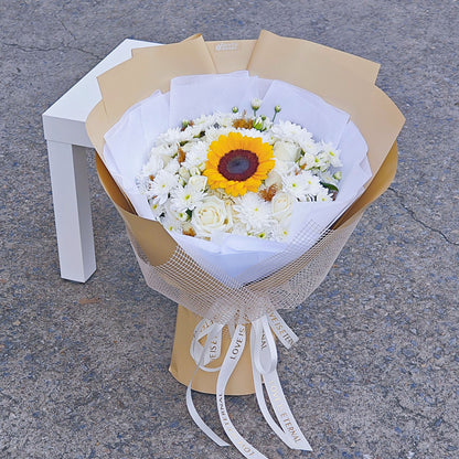 Single Sunflower with White Chrysanthemums and White Roses in Golden Paper Large Bouqet
