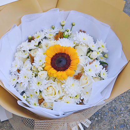 Single Sunflower with White Chrysanthemums and White Roses in Golden Paper Large Bouqet