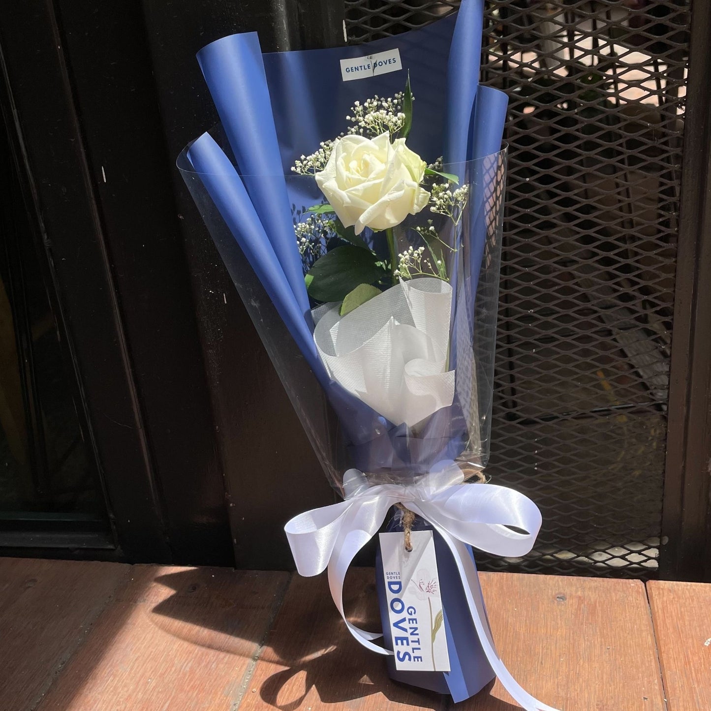 Single White Rose with Gypsophila Bouquet