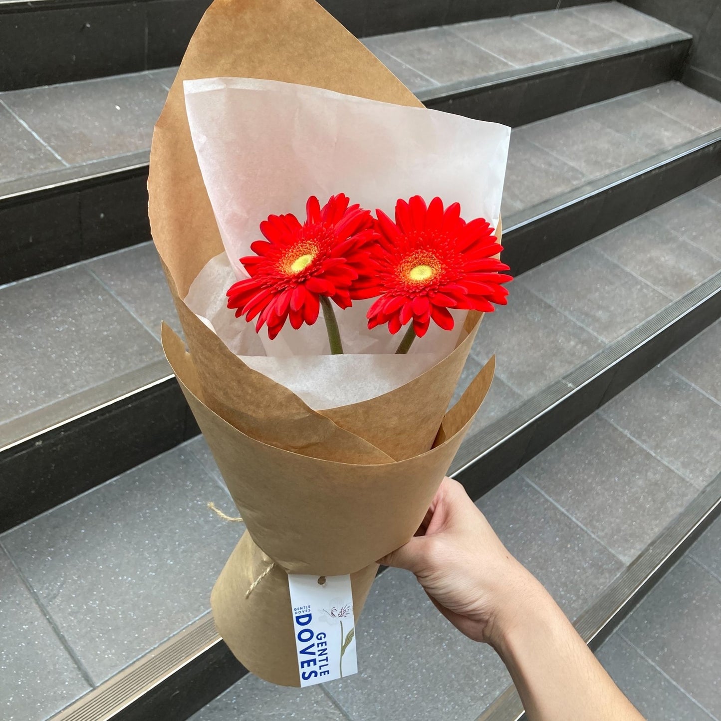 Two Red Gerberas Minimal Bouquet