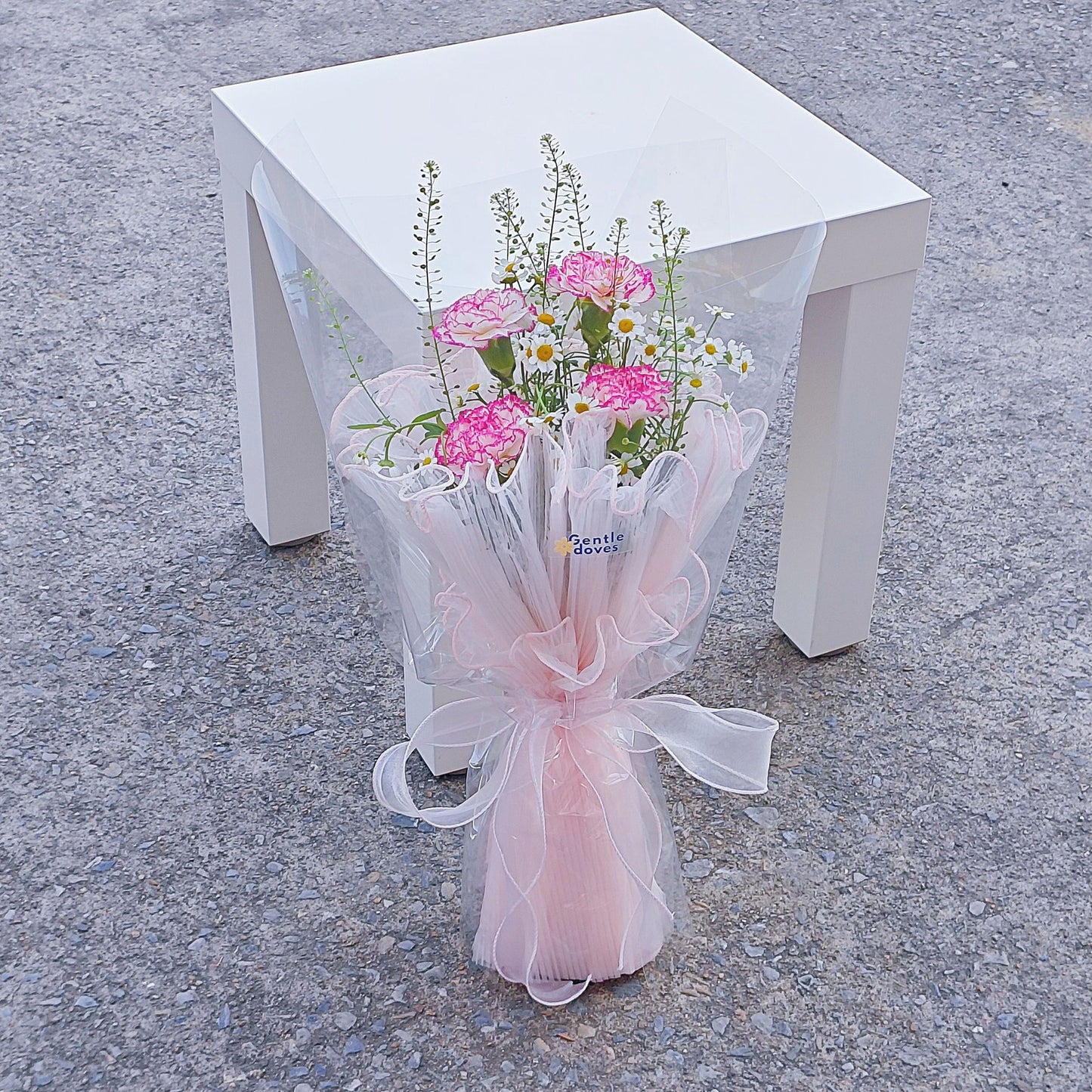 Four Pink Carnations with Daisies and Pepper Grass Minimal Small Bouquet