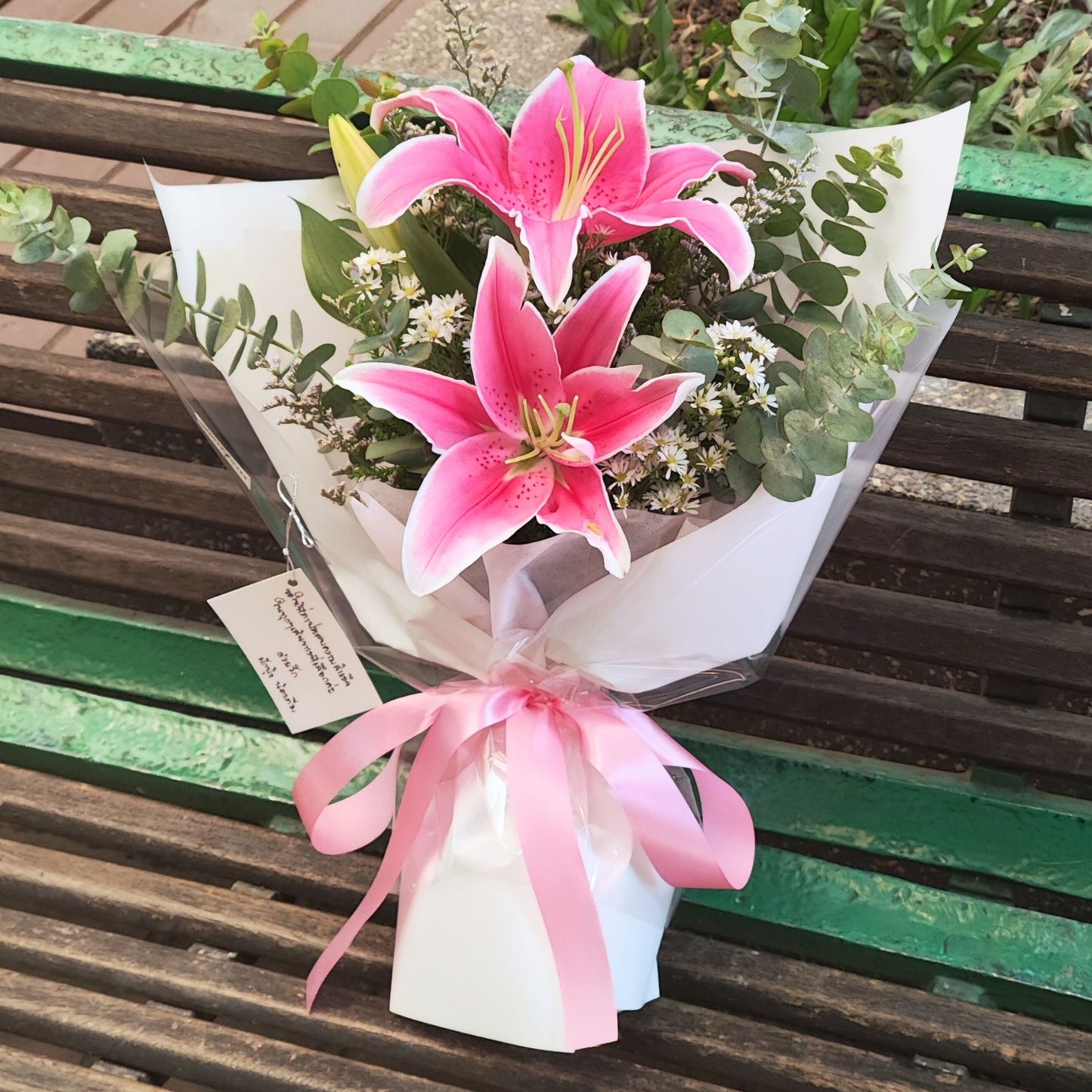 Two Pink Lilies with Green Foliage Bouquet