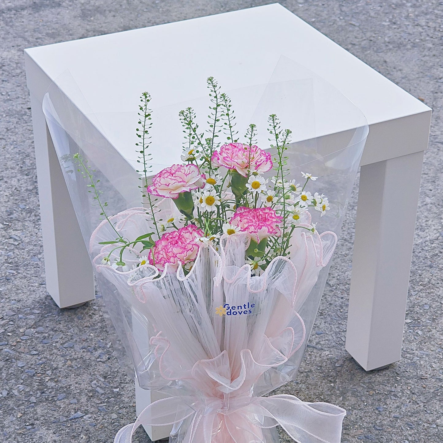 Four Pink Carnations with Daisies and Pepper Grass Minimal Small Bouquet