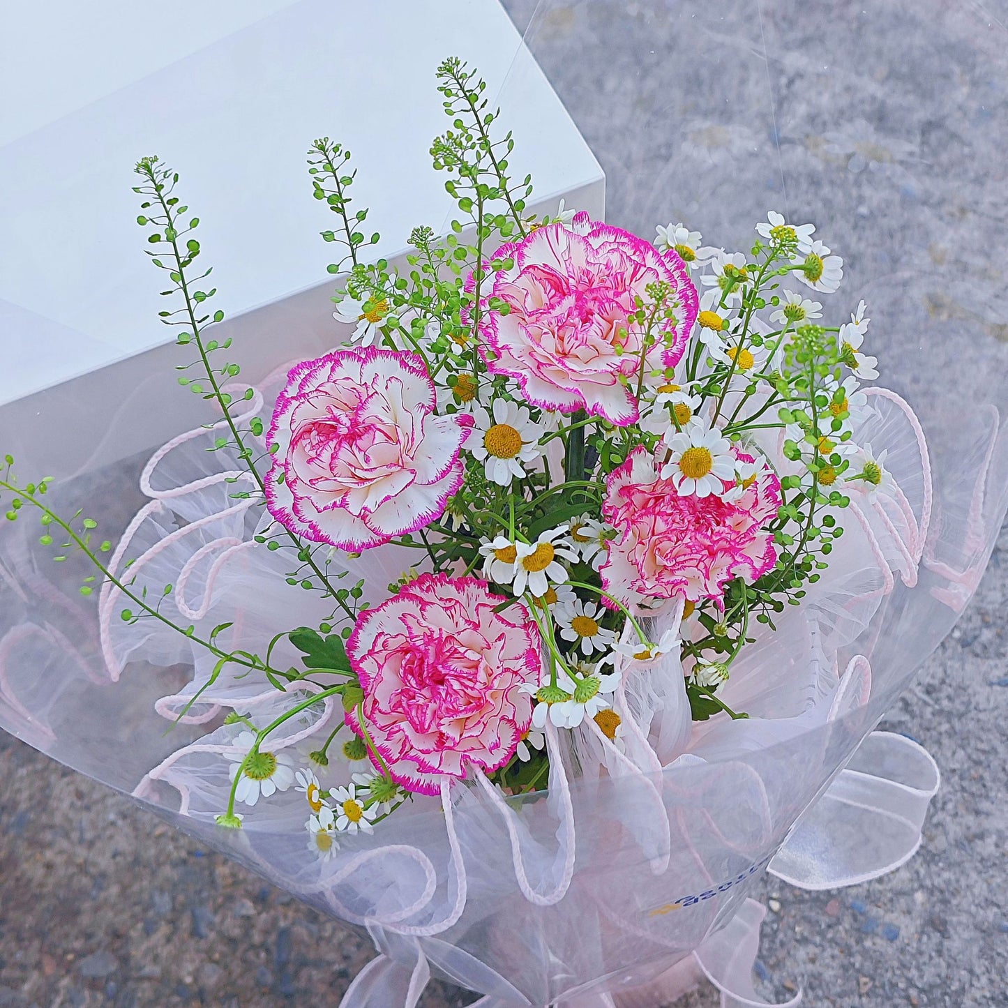 Four Pink Carnations with Daisies and Pepper Grass Minimal Small Bouquet