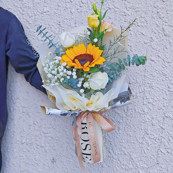 Single Sunflower with Assorted White and Green Flowers in Newspaper Pattern Paper Bouquet