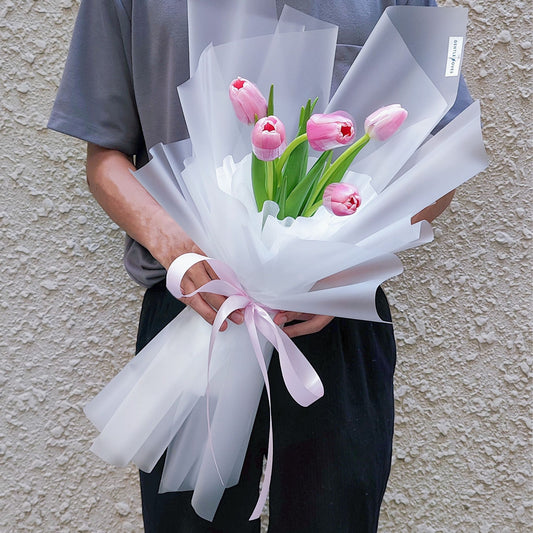 Five Pink Tulips in Matte Paper Bouquet