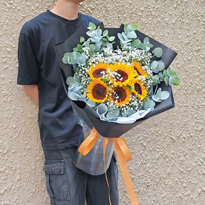 Six Sunflowers with Gypsophila and Eucalyptus in Black Paper Bouquet
