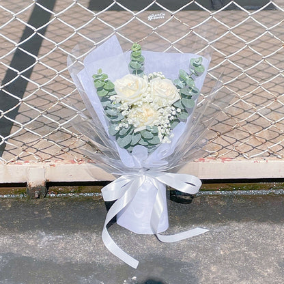 Three White English Roses with Gypsophila and Eucalyptus in White Paper Minimal Bouquet