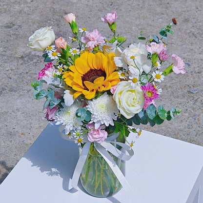 Sunflower with Assorted White and Pink Flowers Medium Vase Arrangement.
