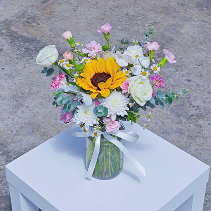 Sunflower with Assorted White and Pink Flowers Medium Vase Arrangement.