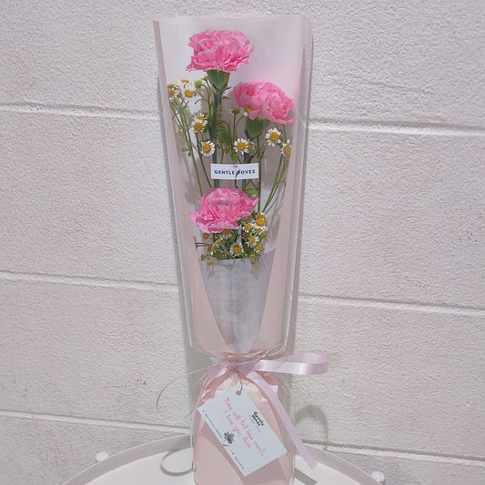 Three Pink Carnations with Daisies in Cylinder Bouquet