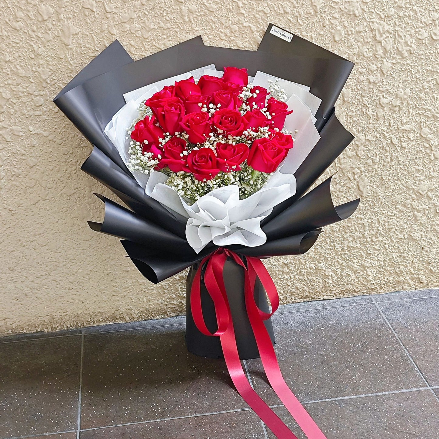 Twenty Red Roses with Gypsophila in Black Paper Extra Large Bouquet