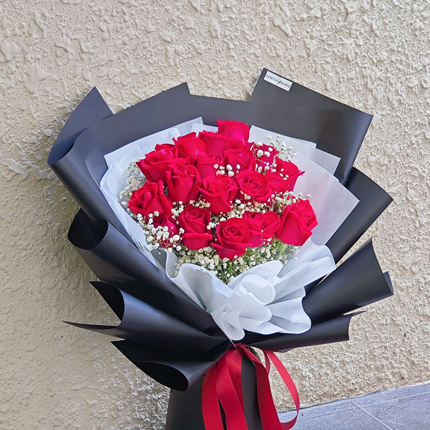 Twenty Red Roses with Gypsophila in Black Paper Extra Large Bouquet