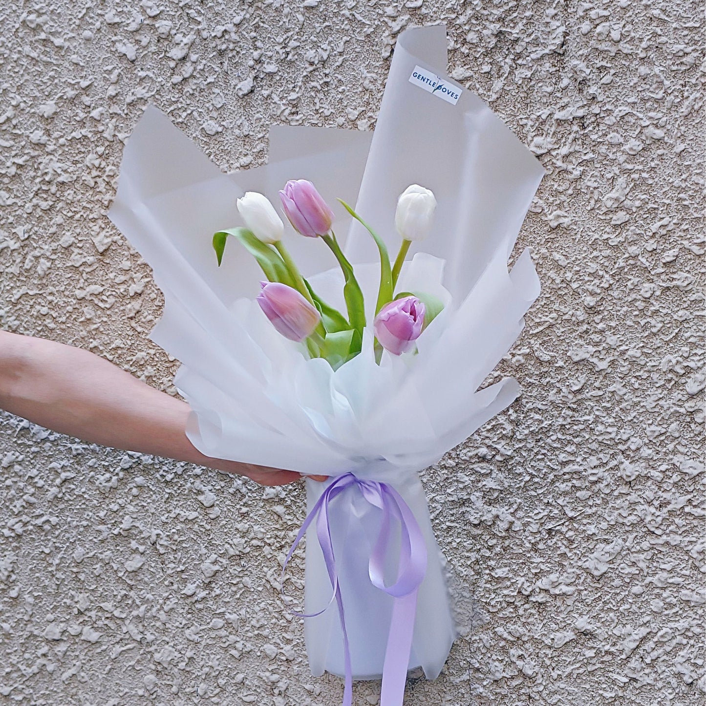 Assorted Five Tulips in White and Purple Colors Transparent Paper Minimal Bouquet