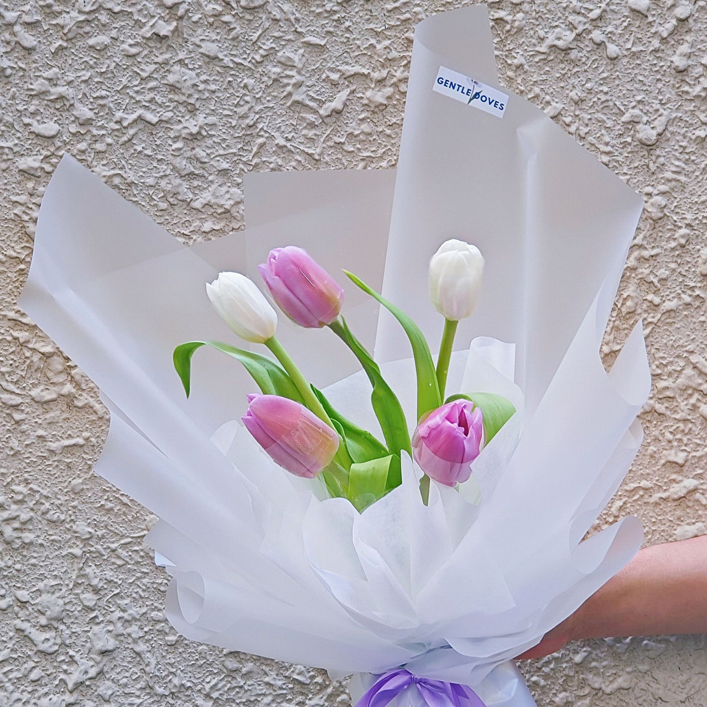 Assorted Five Tulips in White and Purple Colors Transparent Paper Minimal Bouquet