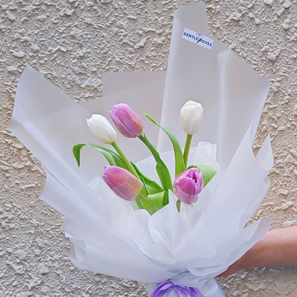 Assorted Five Tulips in White and Purple Colors Transparent Paper Minimal Bouquet