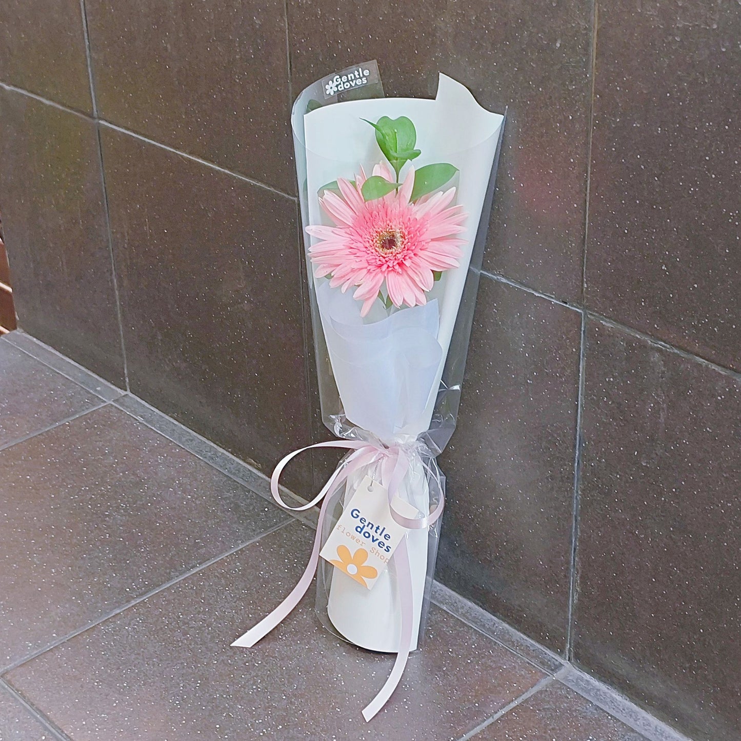 Single Pink Gerbera in White Paper Minimal Bouquet