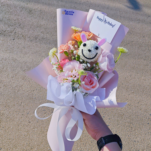 Little Bunny with Assorted Orange and Pink Flowers Small Bouquet