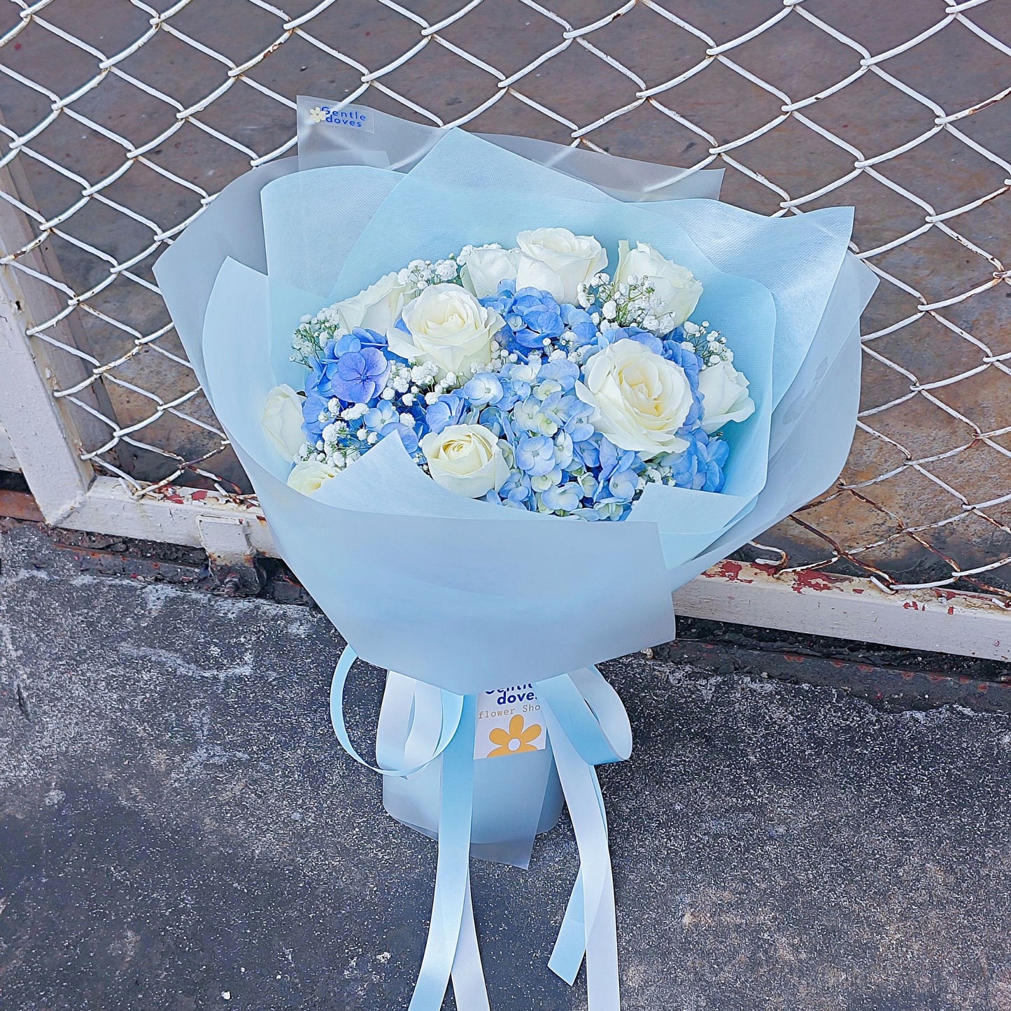 Blue Hydrangeas with All White Roses and Gypsophila Bouquet