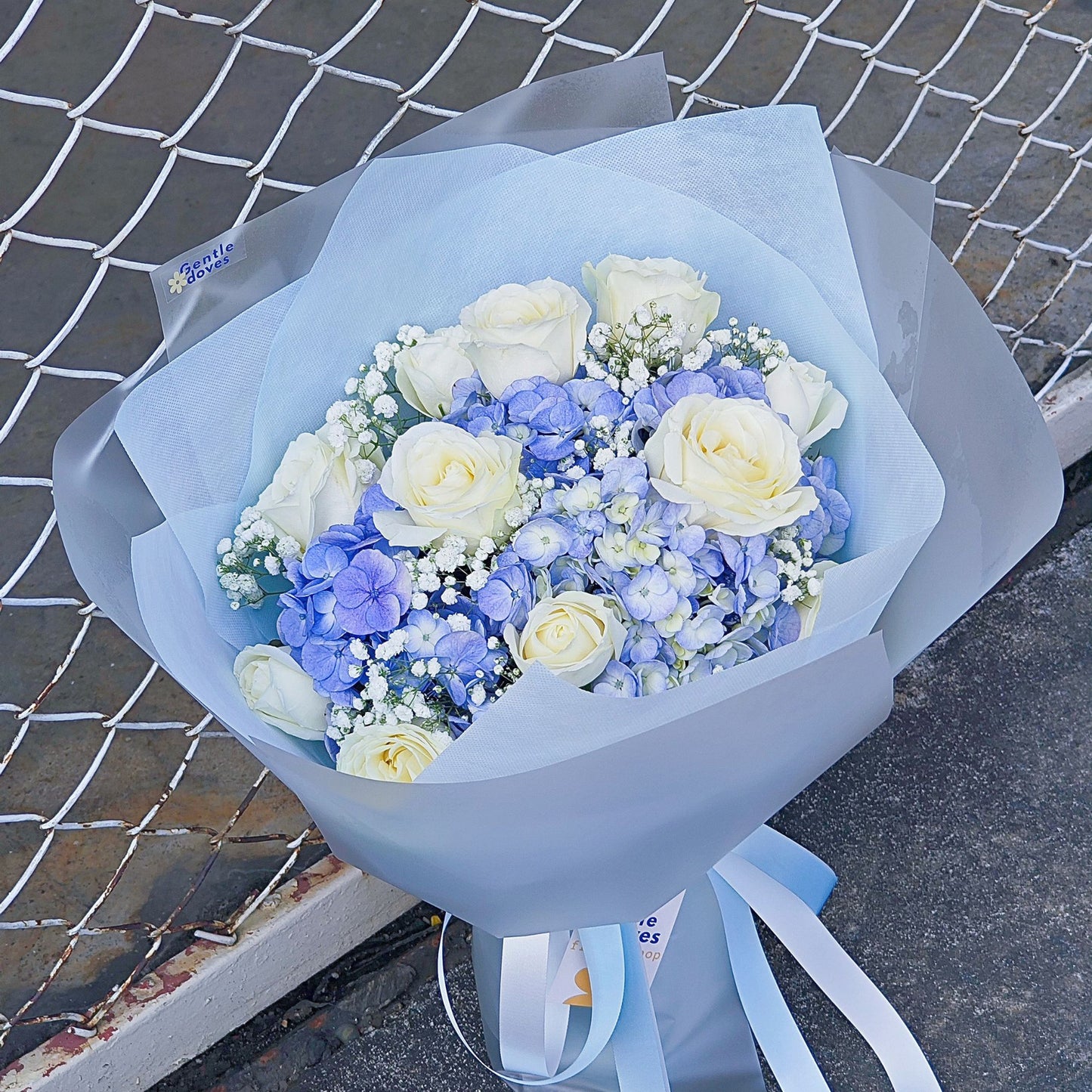 Blue Hydrangeas with All White Roses and Gypsophila Bouquet