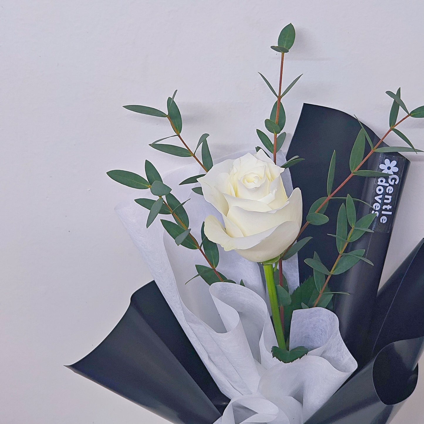 Single White Rose with Eucalyptus in Black and White Paper Mini Bouquet