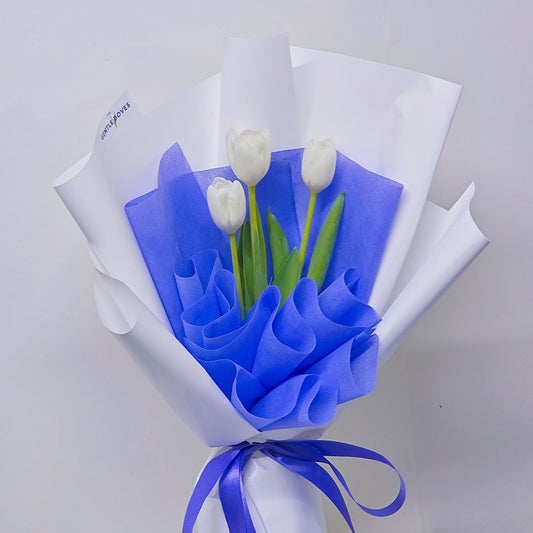 Three White Tulips in Vivid Purple and White Paper Bouquet