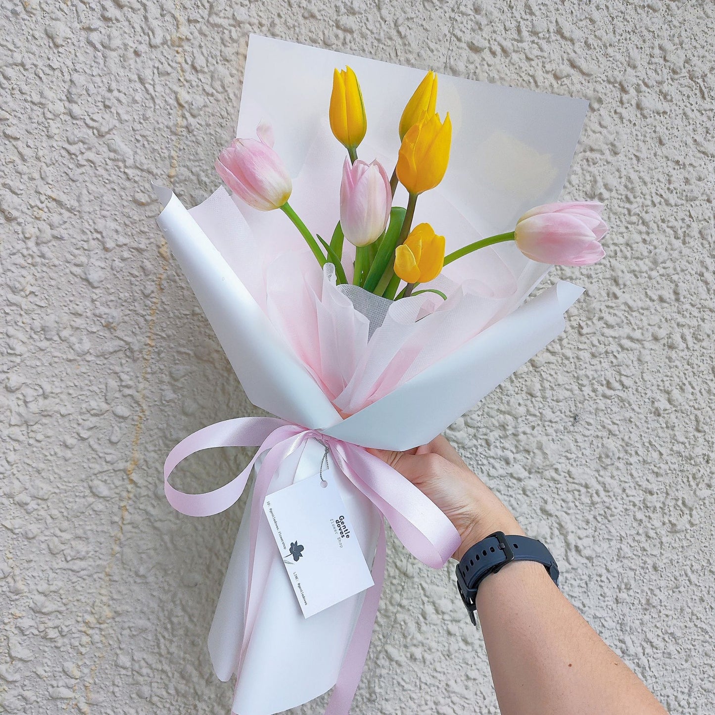 Seven Yellow and Soft Pink Tulips Bouquet