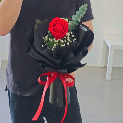 Single Red Rose with Gypsophila and Eucalyptus in Black Paper Bouquet