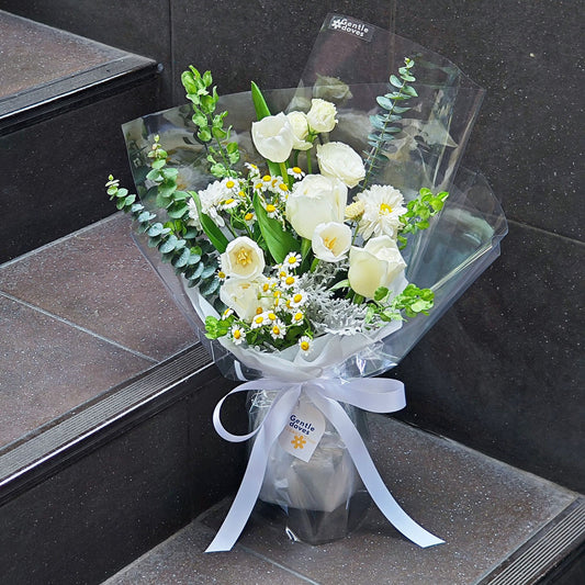 Assorted White and Green Flowers with Tulips in Transparent Paper Bouquet