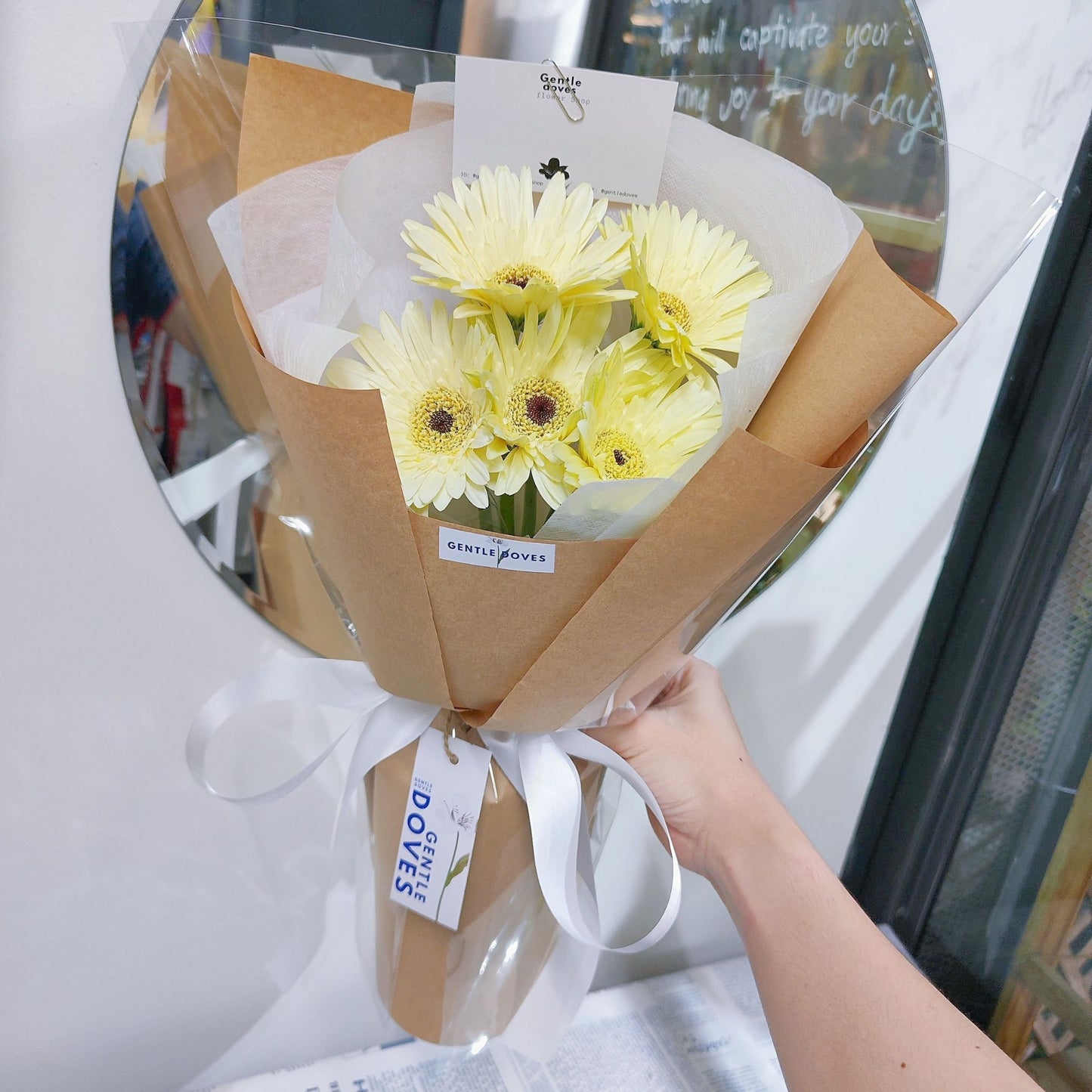 Five White Gerberas in Craft Paper Bouquet