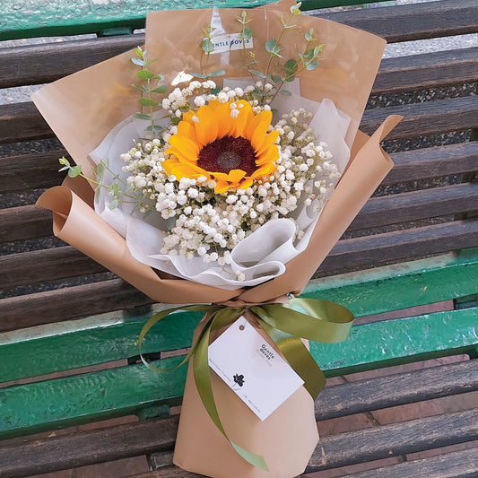 Single Sunflower with Gypsophila in Craft Paper Bouquet