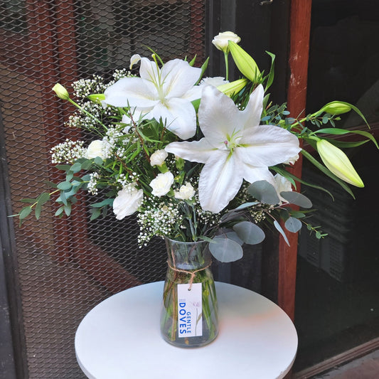 White Lilies with White and Green Flowers in Large Vase Arrangement