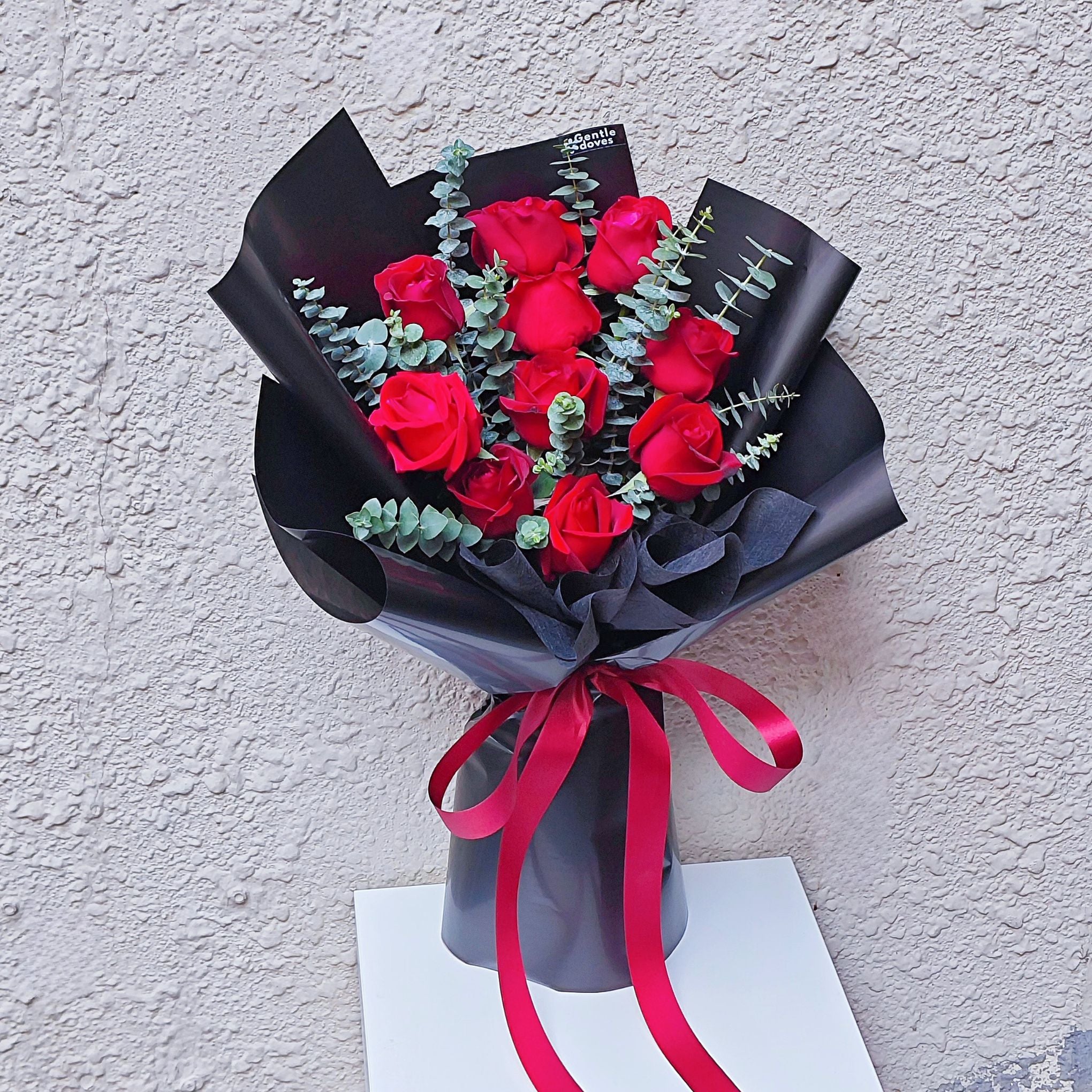 Ten Red Roses with Eucalyptus Bouquet – Gentle Doves Flower Shop