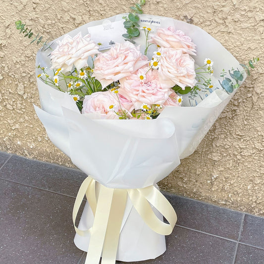 Ten Soft Pink English Roses with Daisies and Eucalyptus Rounded Wrapping Bouquet