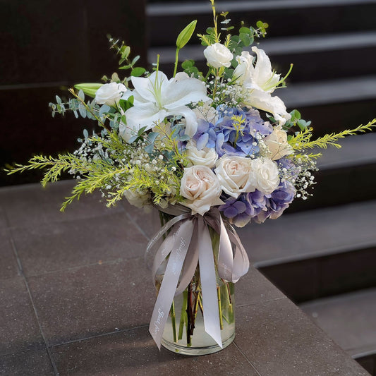 Assorted Blue and White Flowers in Extra Large Vase Arrangement