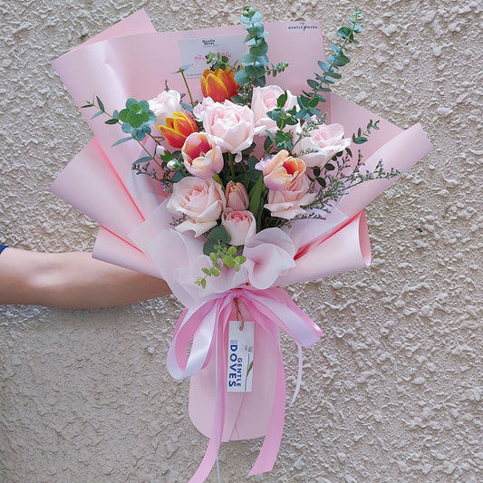 Five Assorted Color Tulips with Seven Pink Roses Bouquet