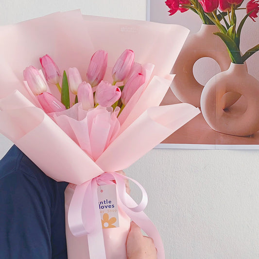 Eleven Pink Tulips in Pink Paper Bouquet