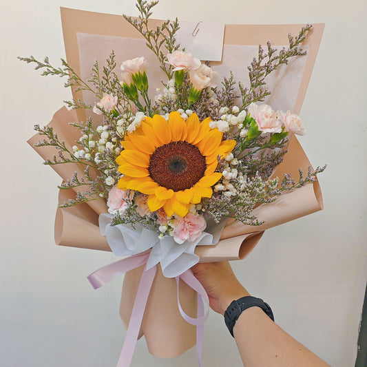 Single Sunflower with Soft Pink Carnations and Filler Flowers Bouquet