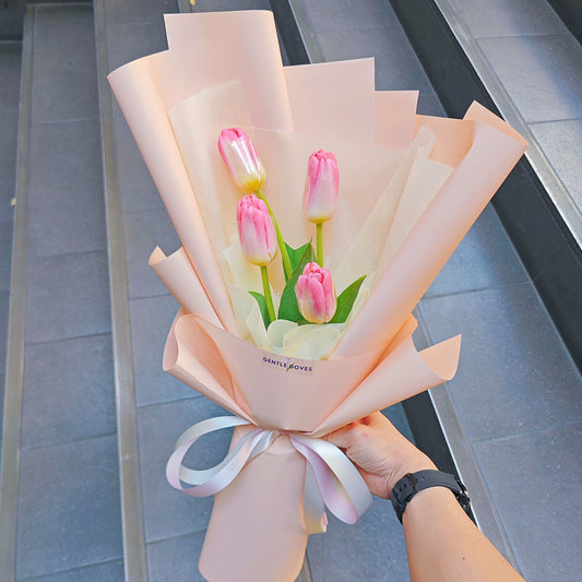 Four Pink Tulips in Soft Pink Paper Bouquet