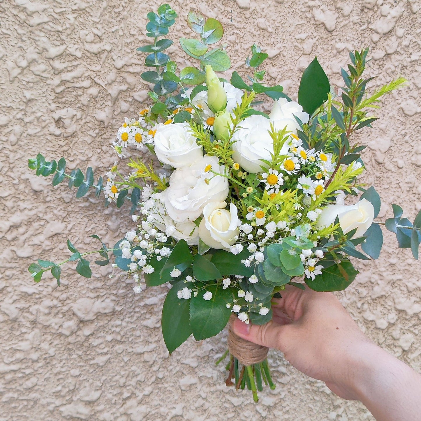 White and Green with Daisies Hand-Tied Small Bouquet