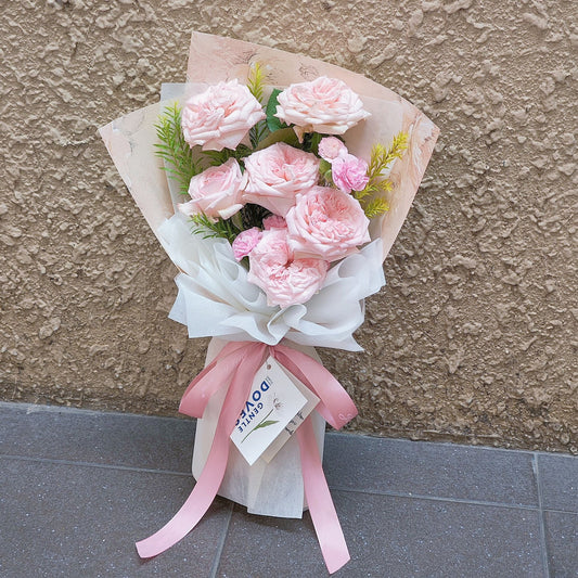 Six Soft Pink English Roses in Flower Pattern Paper Bouquet