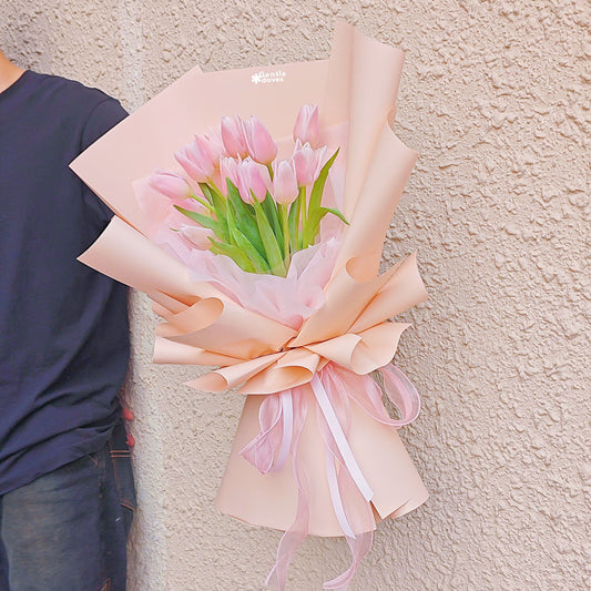 Twelve Pink Tulips in Soft Pink Paper Bouquet