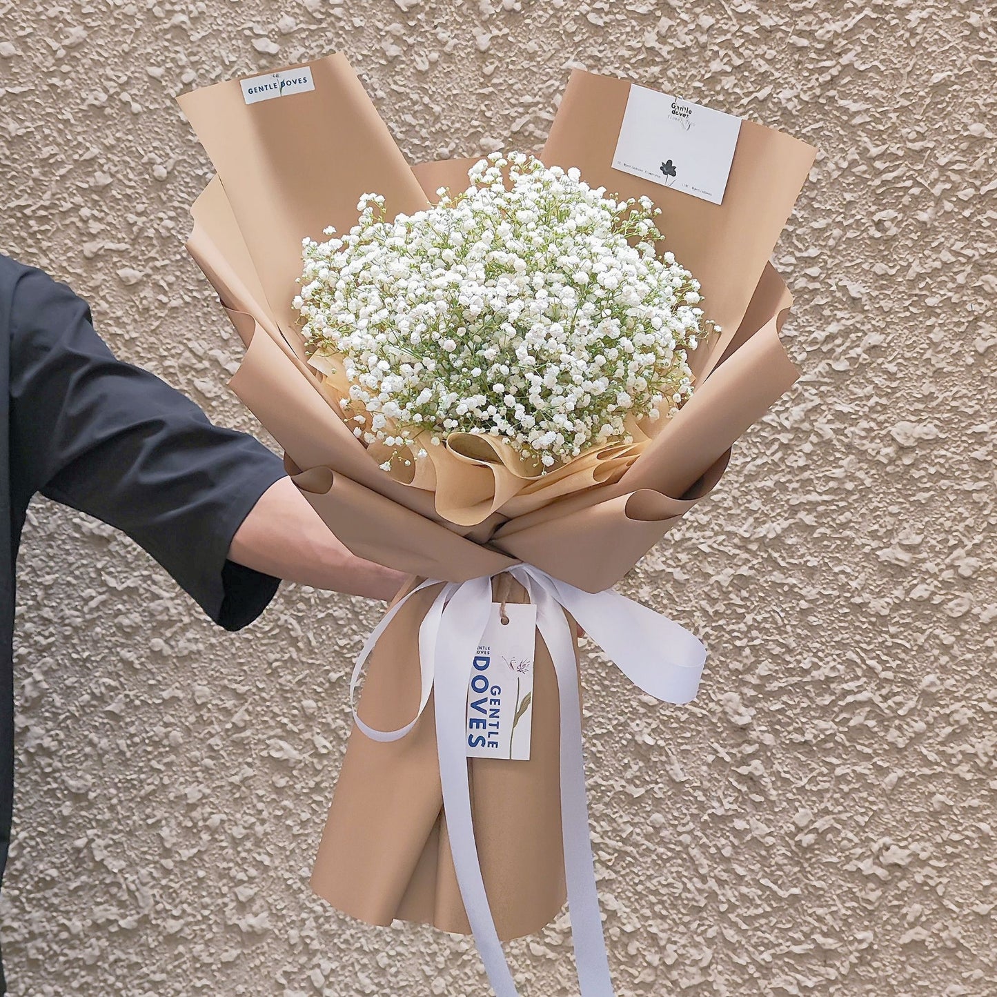 White Gypsophila in Golden Brown Paper Bouquet